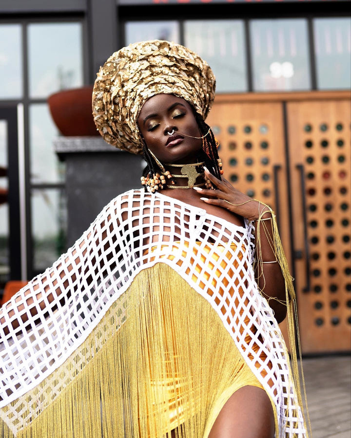 Makeda, Queen of Sheba Royal Cover - up - White / Gold Fringe - Trufacebygrace