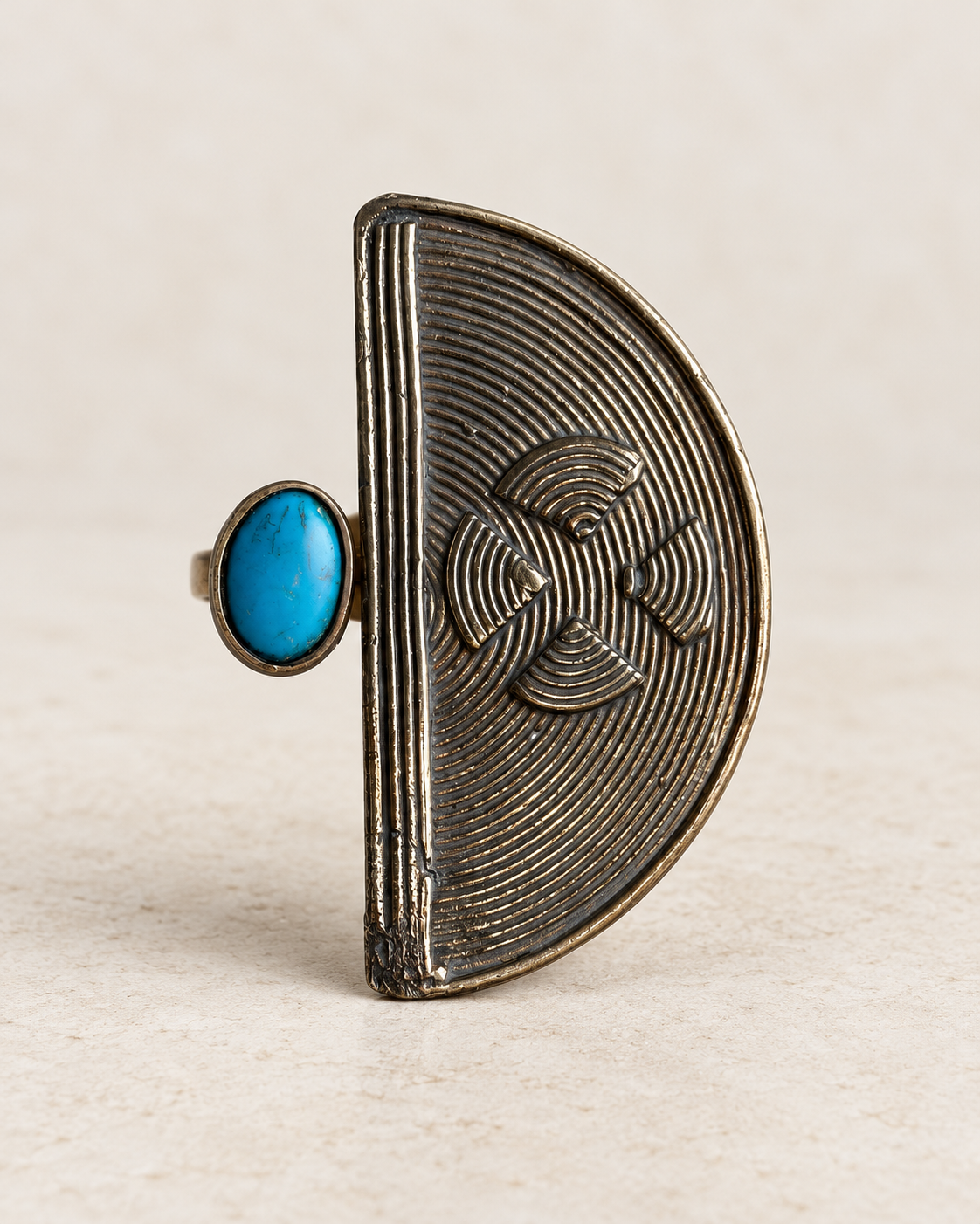 Nuru Arc Turquoise Half-Moon adjustable artisanal brass statement ring