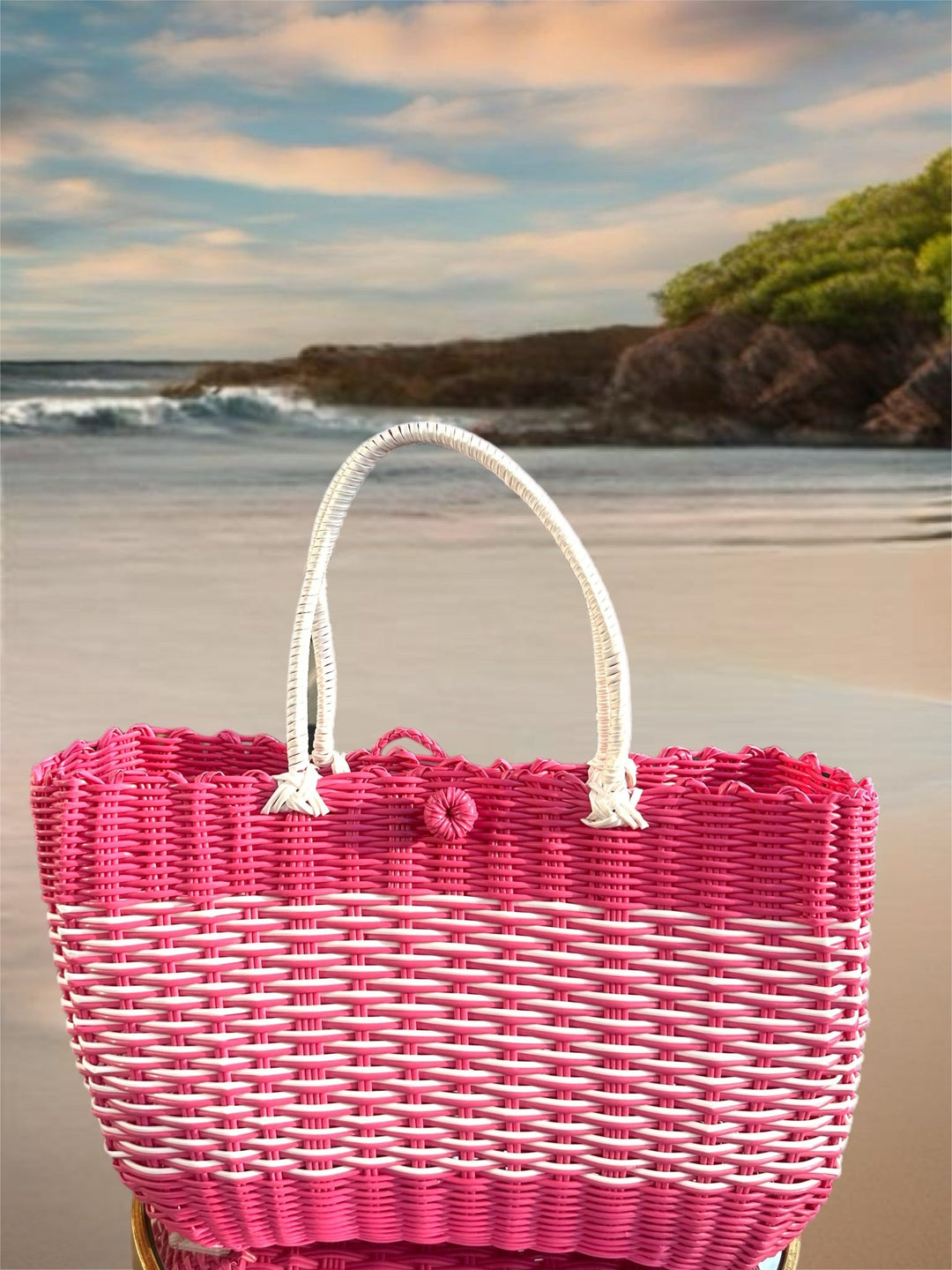 Pink and White Striped Woven Beach Bags - Trufacebygrace