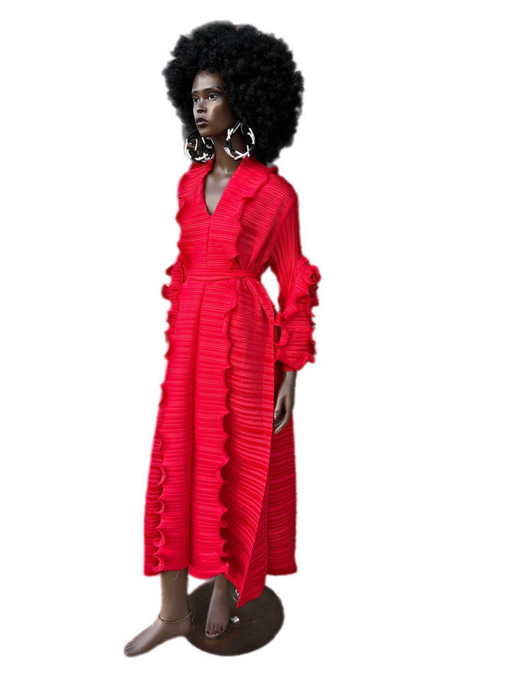 Pleated Vine Sleeve Dress with Belt - Trufacebygrace