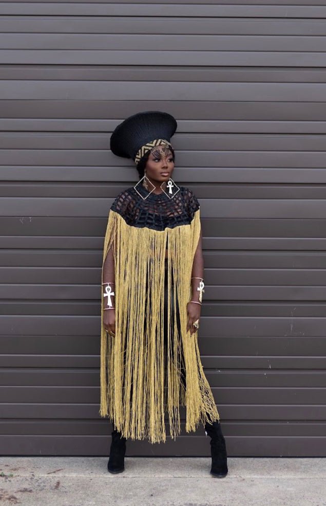 Queen Ankara Cape: Black Ankara with Mettalic Gold fringe