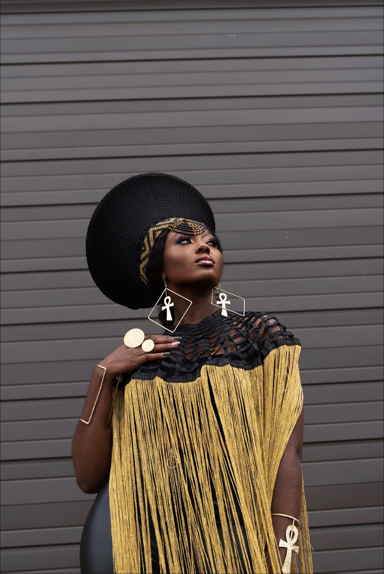 Queen Ankara Cape: Black Ankara with Mettalic Gold fringe