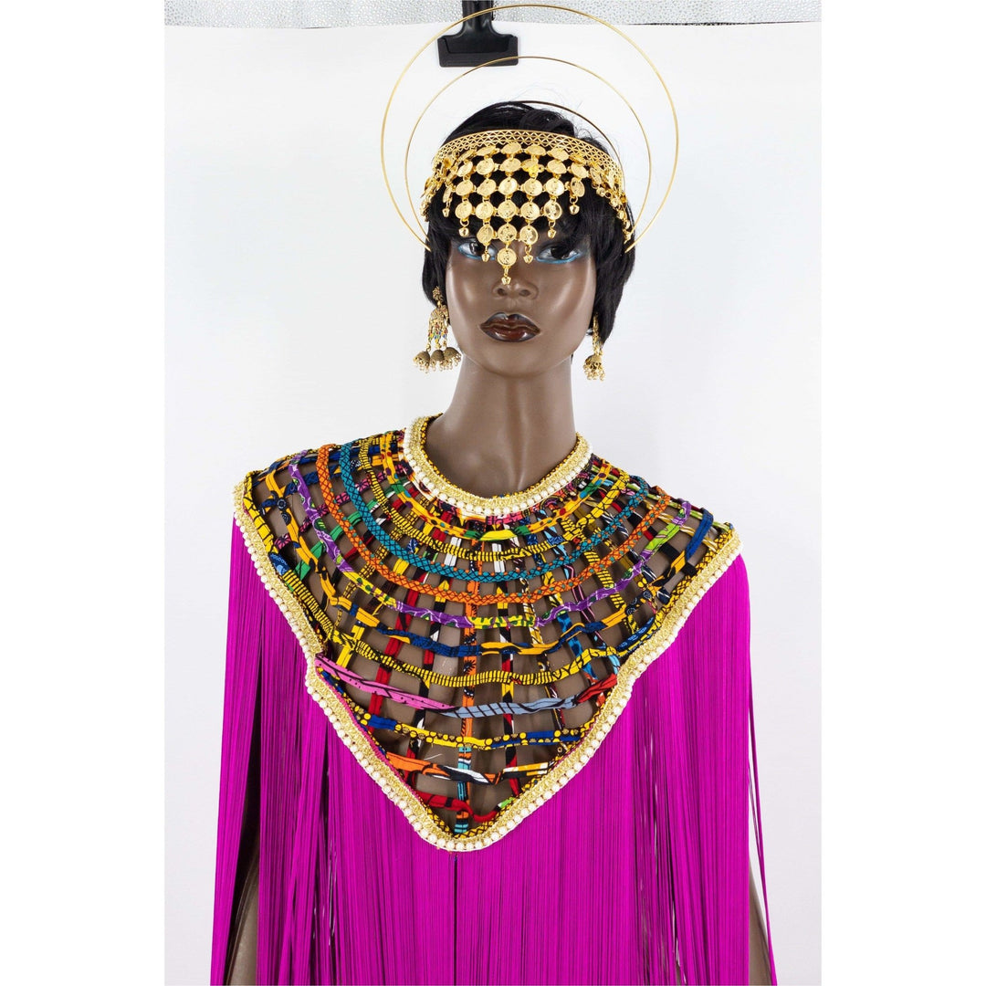 Queen Ankara Laced /Laticed Long Fringe Cape - Pearl Trim - Trufacebygrace