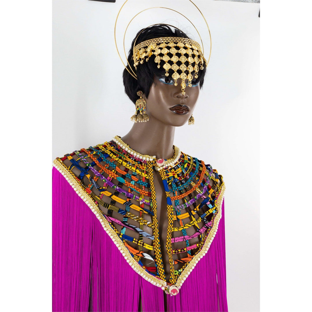 Queen Ankara Laced /Laticed Long Fringe Cape - Pearl Trim - Trufacebygrace