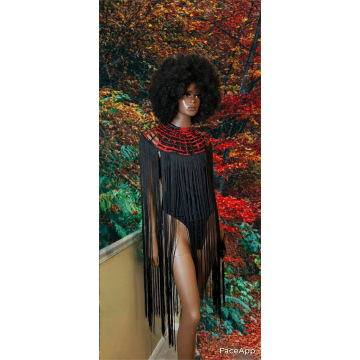 Queen Ankara Laced /Laticed Long Fringe Cape - Pearl Trim - Trufacebygrace