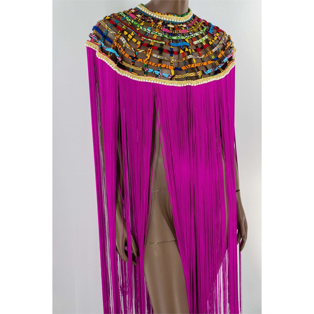 Queen Ankara Laced /Laticed Long Fringe Cape - Pearl Trim - Trufacebygrace