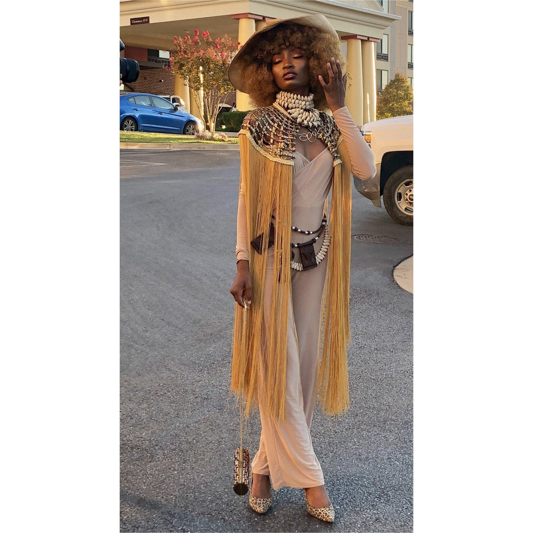 Queen Ankara Laced /Laticed Long Fringe Cape - Pearl Trim - Trufacebygrace