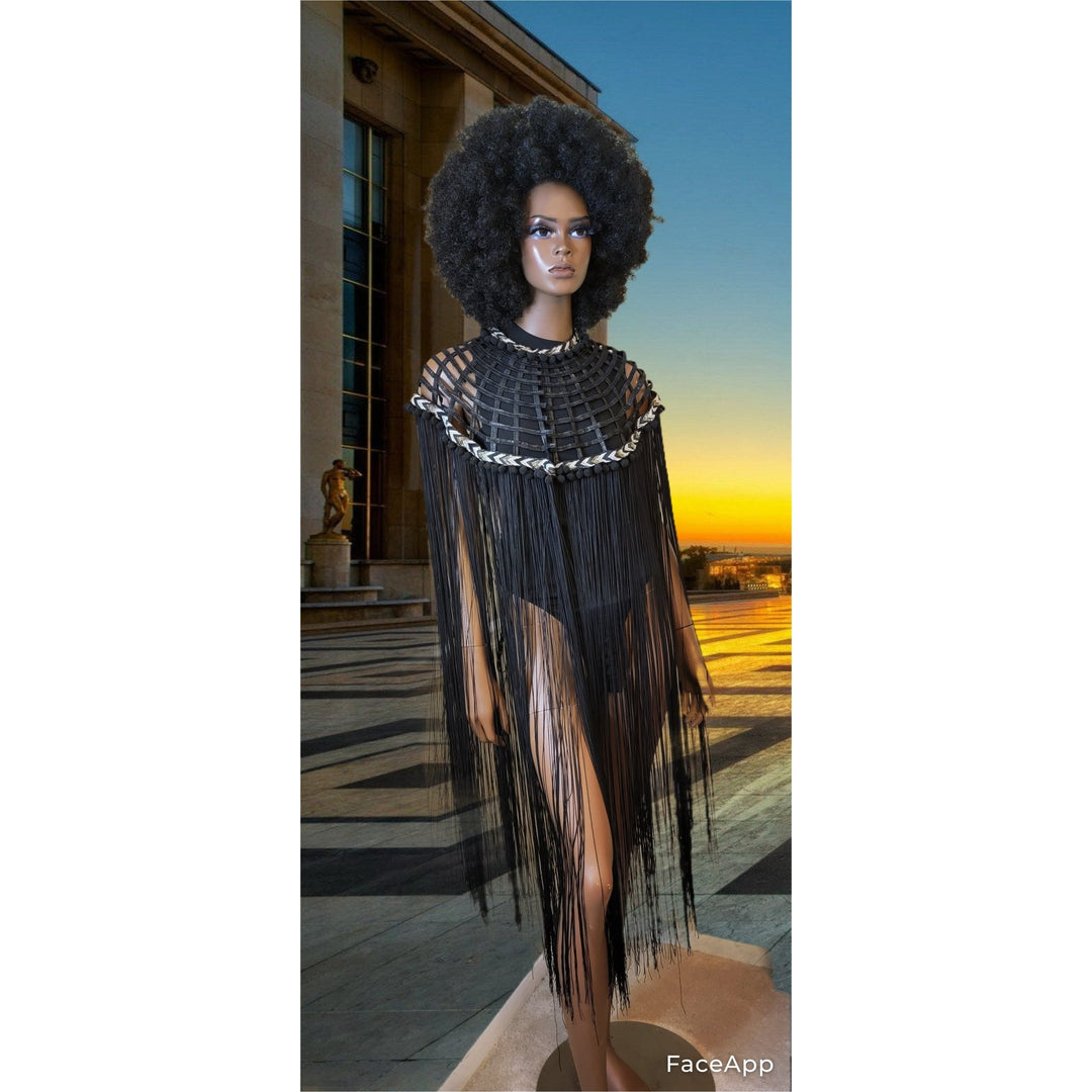 Queen Ankara Laced /Laticed Long Fringe Cape - Pearl Trim - Trufacebygrace