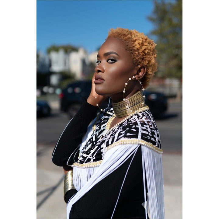 Queen Ankara Laced /Laticed Long Fringe Cape - Pearl Trim - Trufacebygrace