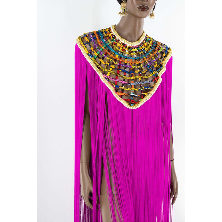 Queen Ankara Laced /Laticed Long Fringe Cape - Pearl Trim - Trufacebygrace