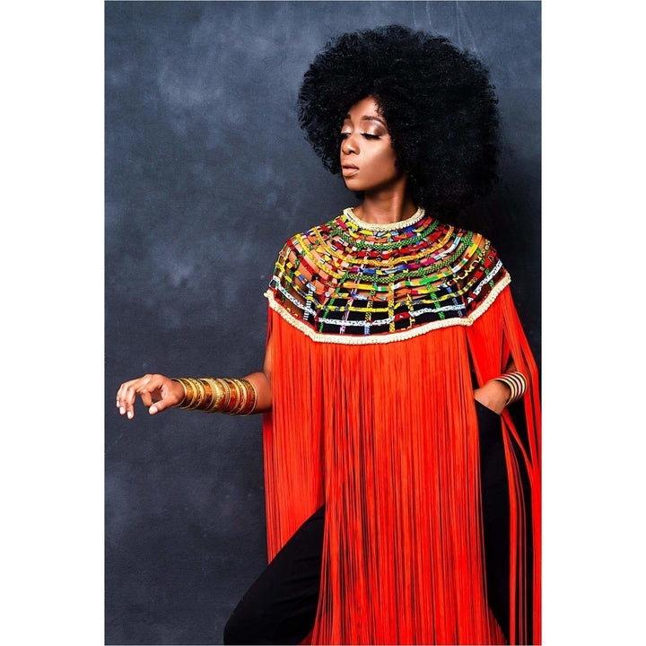 Queen Ankara Laced /Laticed Long Fringe Cape - Pearl Trim - Trufacebygrace