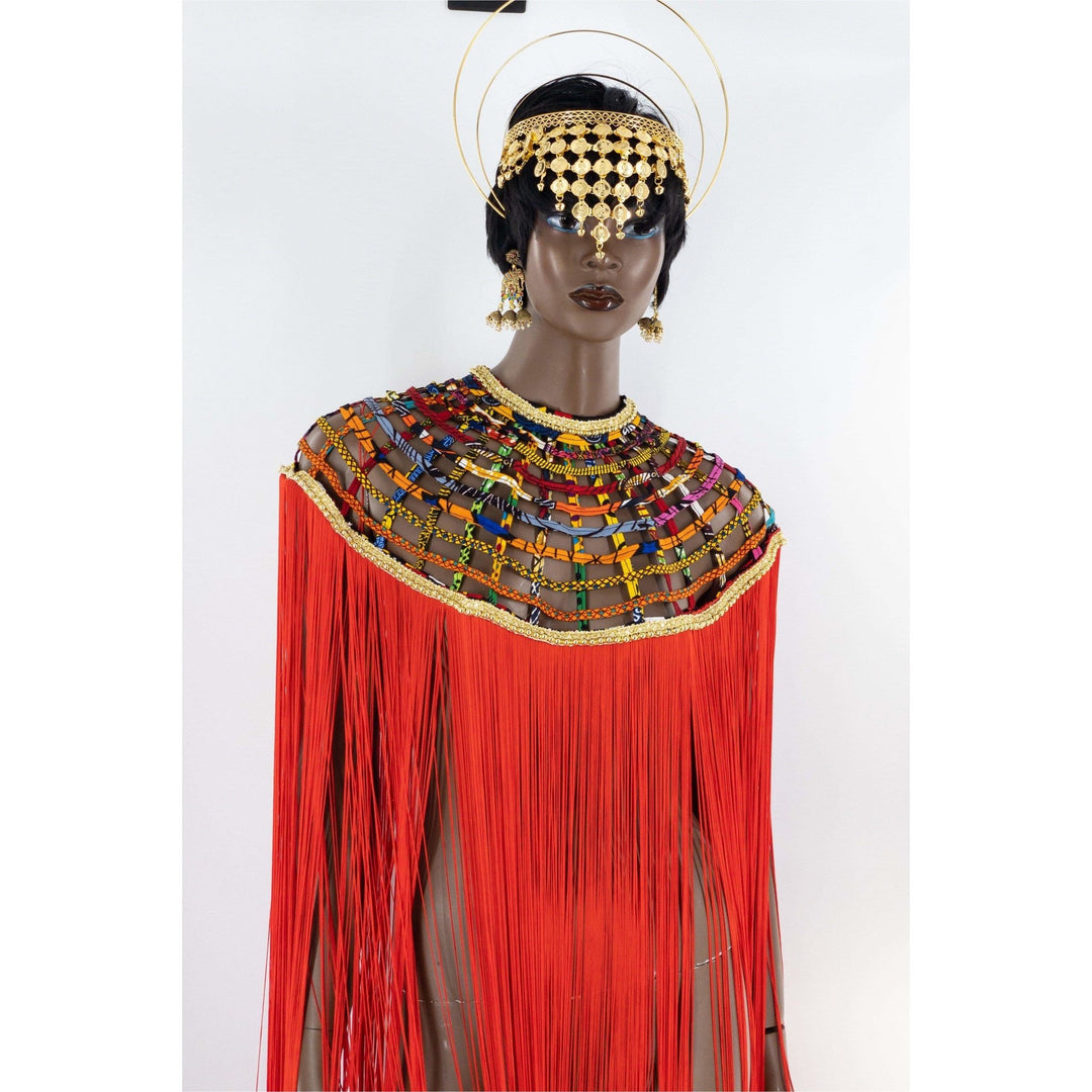 Queen Ankara Laced /Laticed Long Fringe Cape - Pearl Trim - Trufacebygrace