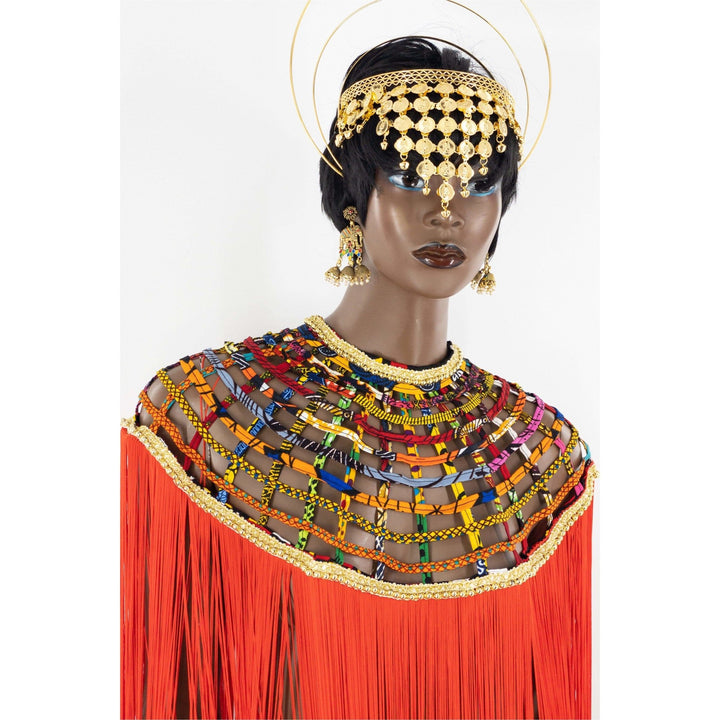 Queen Ankara Laced /Laticed Long Fringe Cape - Pearl Trim - Trufacebygrace