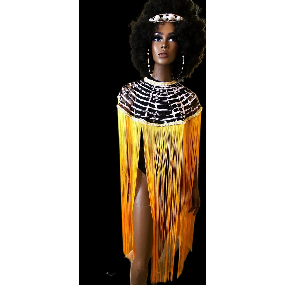 Queen Ankara Laced /Laticed Long Fringe Cape - Pearl Trim - Trufacebygrace