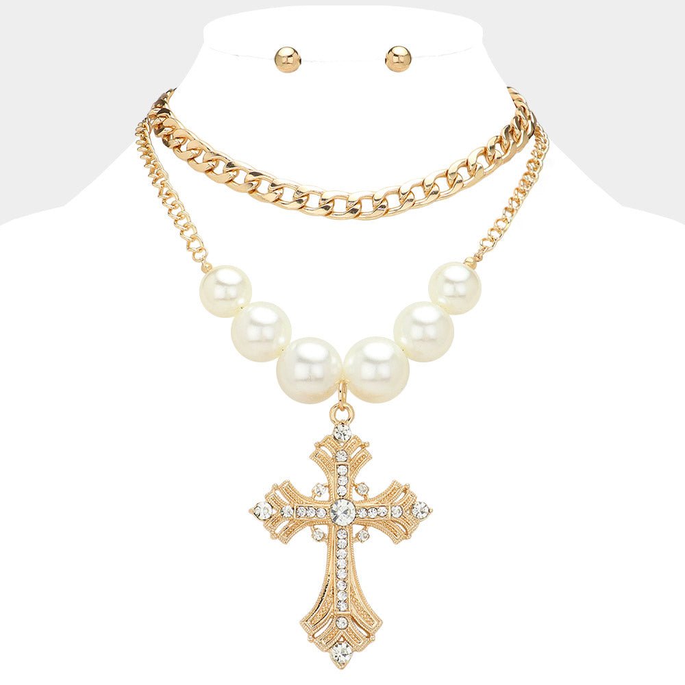 Sample: Chunky Pearl Stone Paved Gothic Cross Pendant Layered Necklaces Set - Trufacebygrace