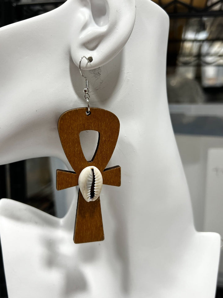 Simple Wooden Ankh and Cowry shell earrings - Trufacebygrace