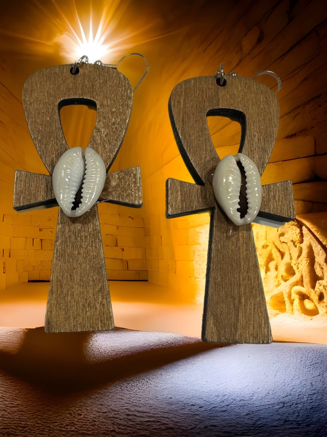 Simple Wooden Ankh and Cowry shell earrings - Trufacebygrace