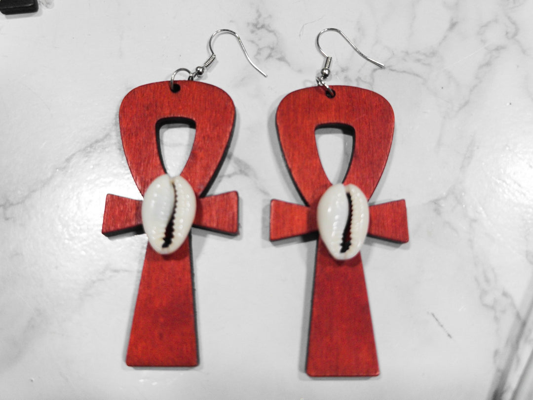 Simple Wooden Ankh and Cowry shell earrings - Trufacebygrace