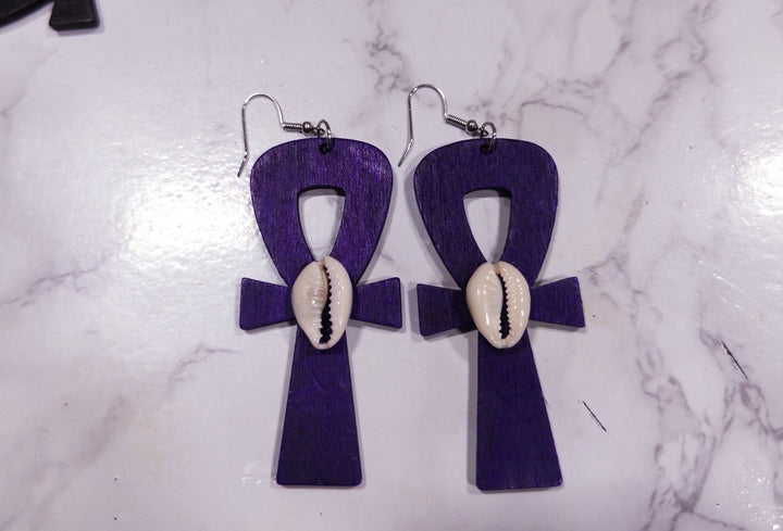 Simple Wooden Ankh and Cowry shell earrings - Trufacebygrace