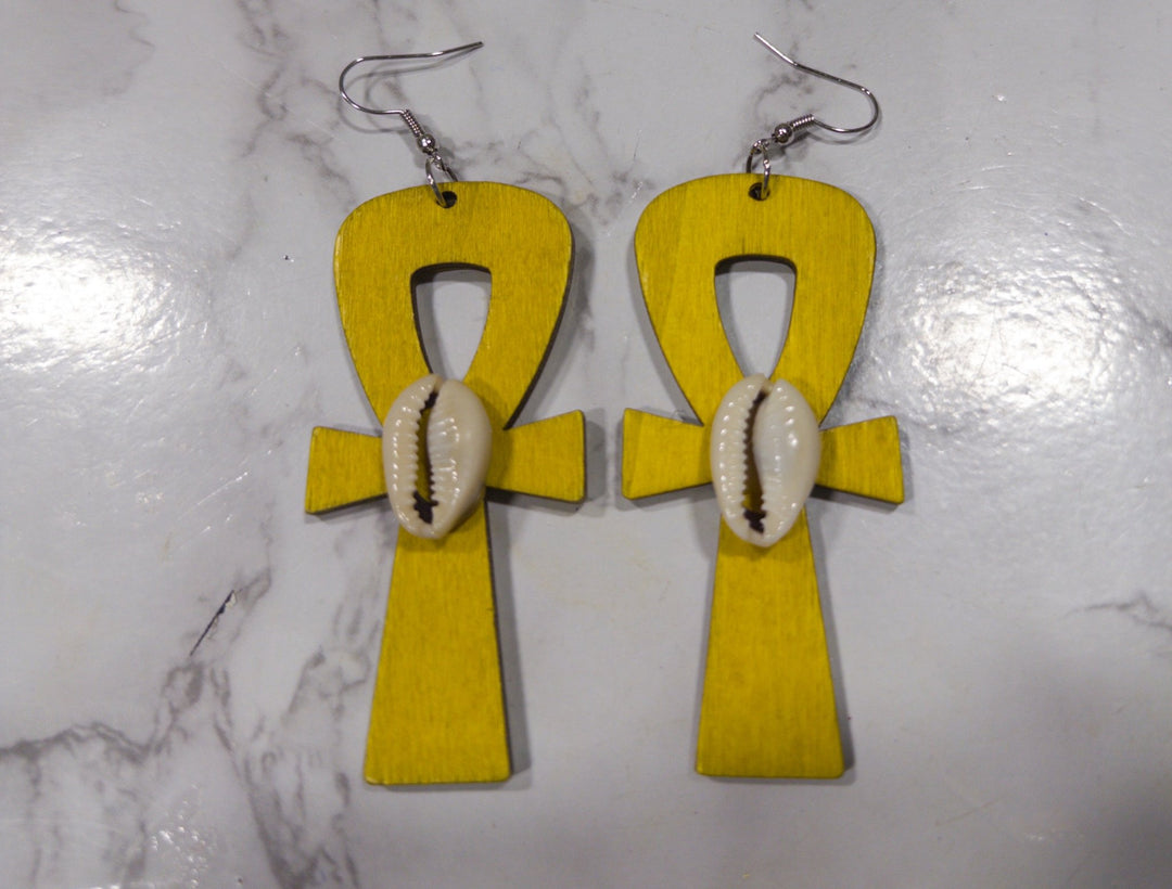 Simple Wooden Ankh and Cowry shell earrings - Trufacebygrace