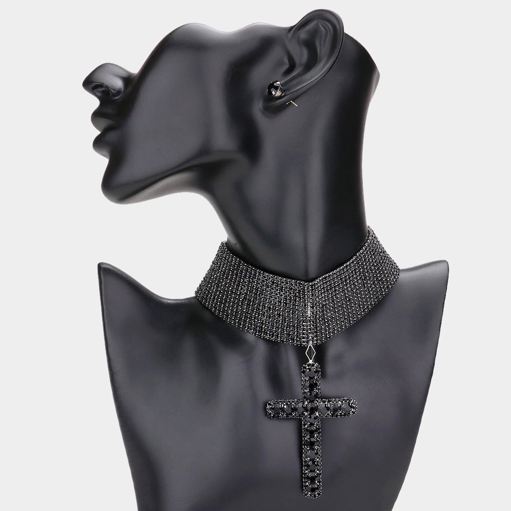 Stone Cross Pendant Evening Choker Necklace - Trufacebygrace