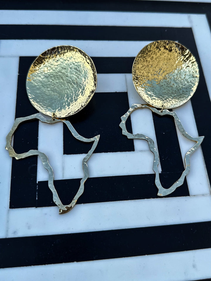 Textured Brass Disc with Africa Map Earrings - Trufacebygrace