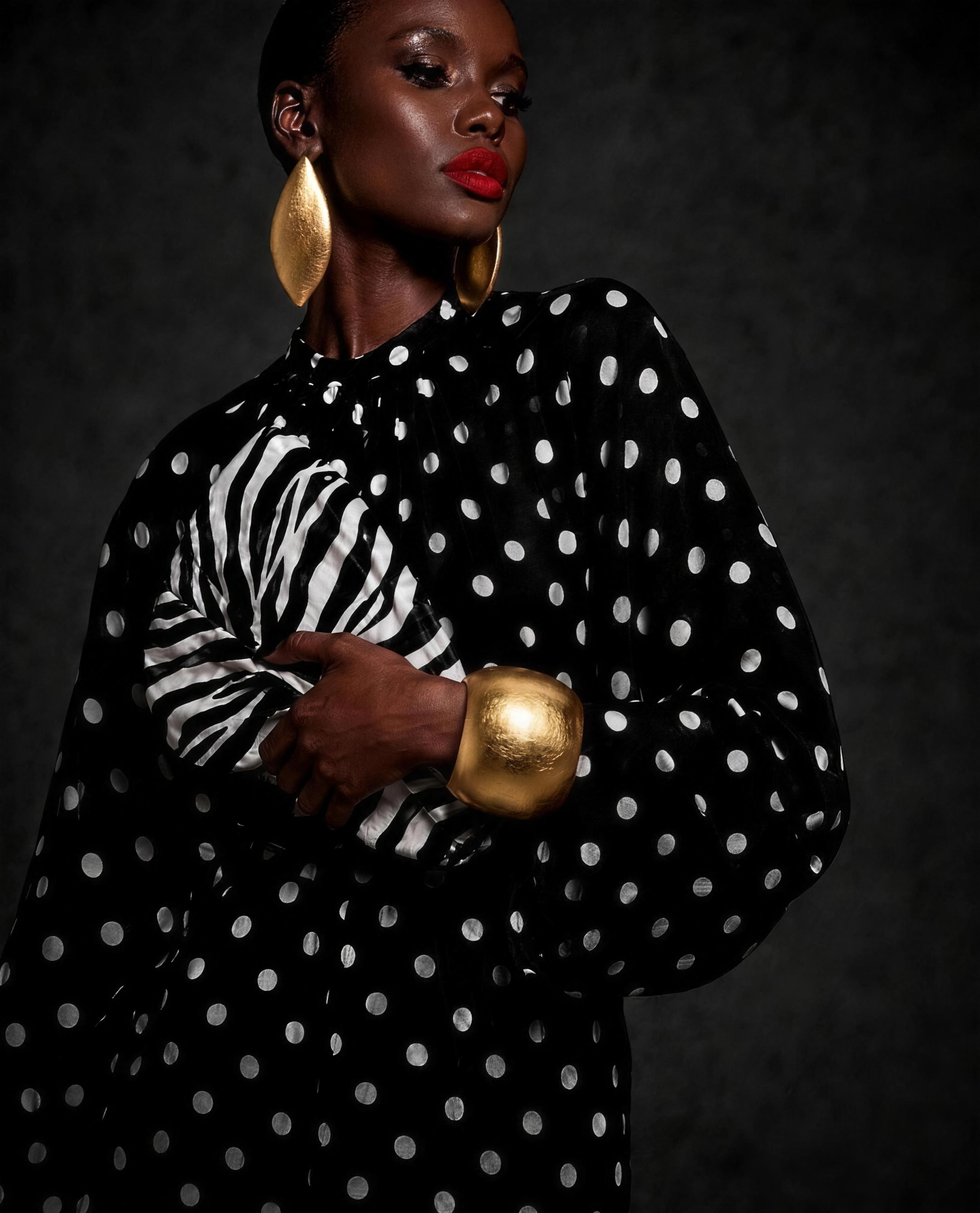 TruFaceByGrace polka dot with gilded-wood cuff and hoop earrings