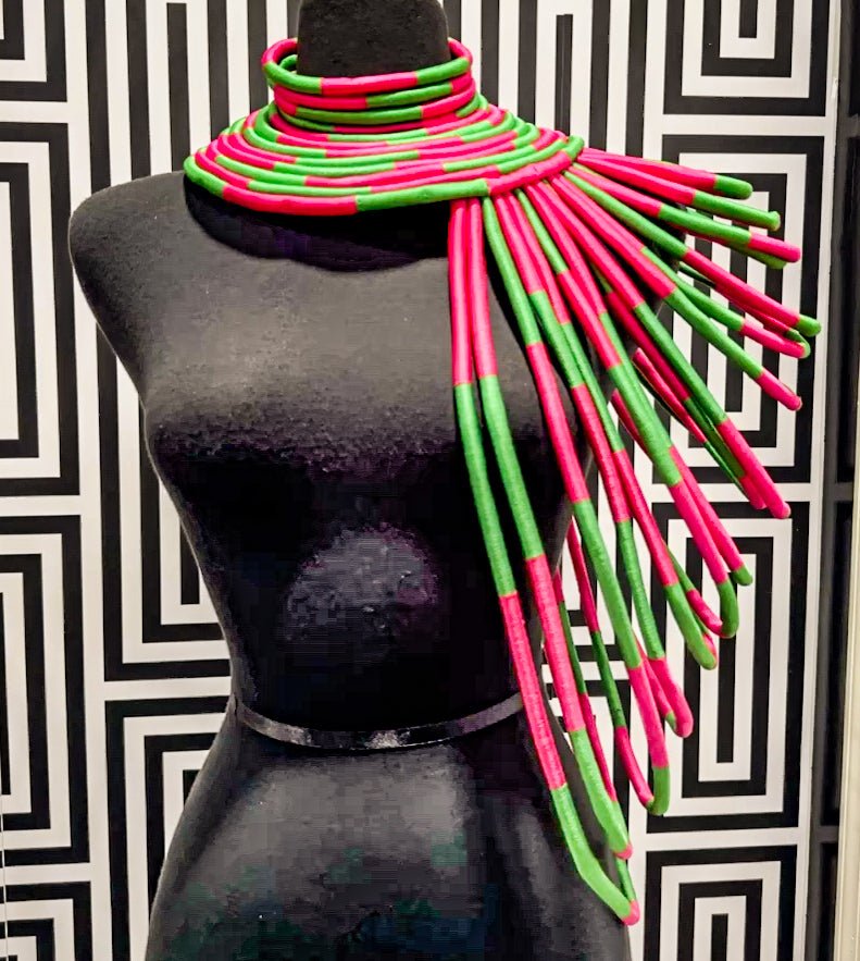 Ubuntu Goddess Statement Necklace - One shoulder pink/Green - Trufacebygrace