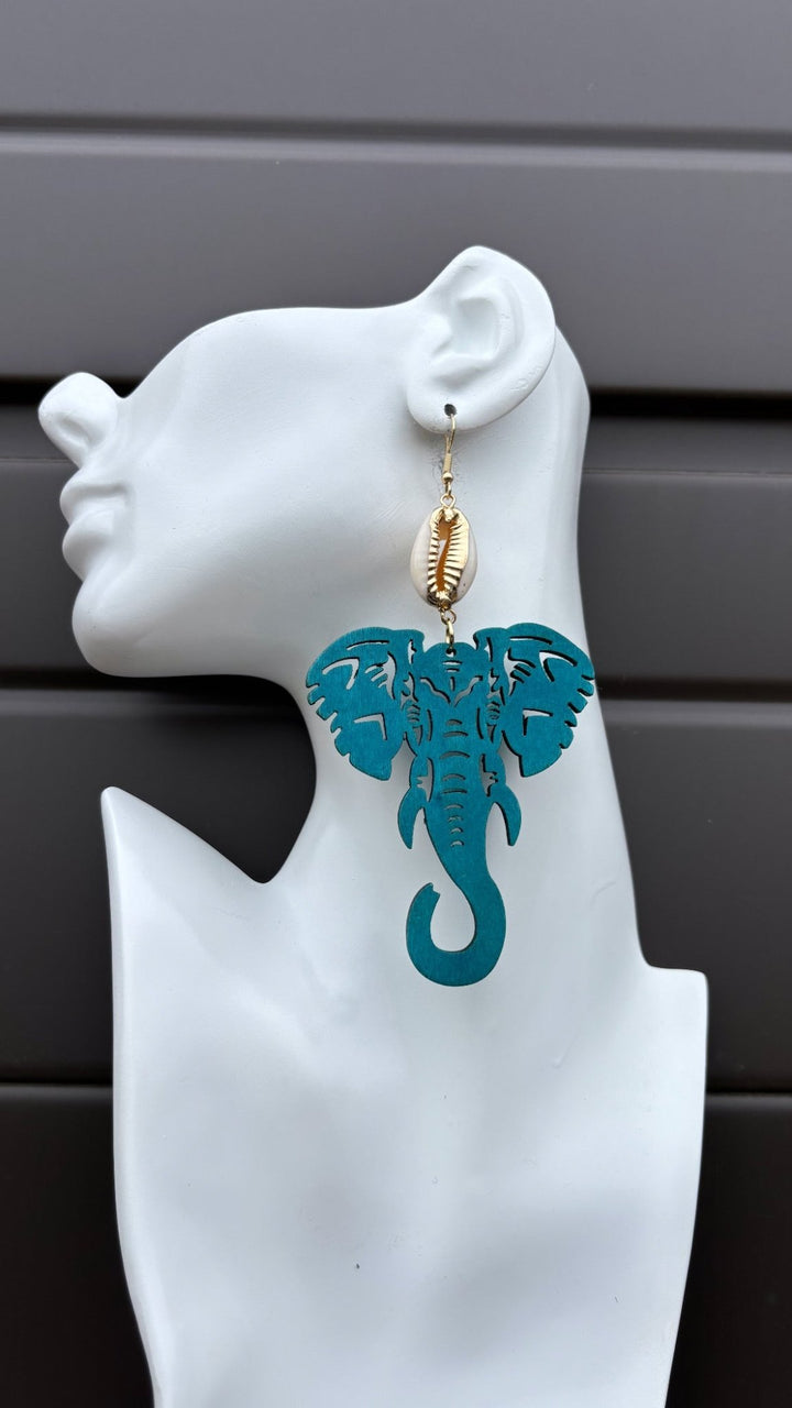 Wooden Elephant Cowrie Accent Earrings - Trufacebygrace