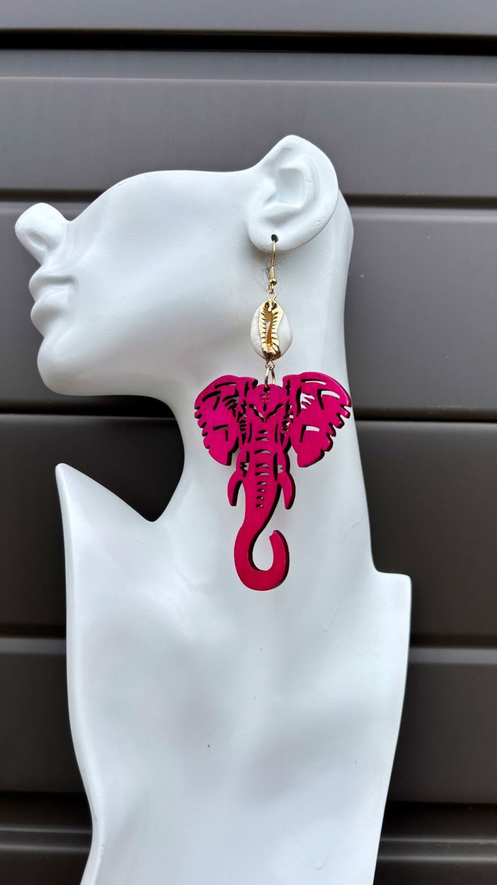 Wooden Elephant Cowrie Accent Earrings - Trufacebygrace