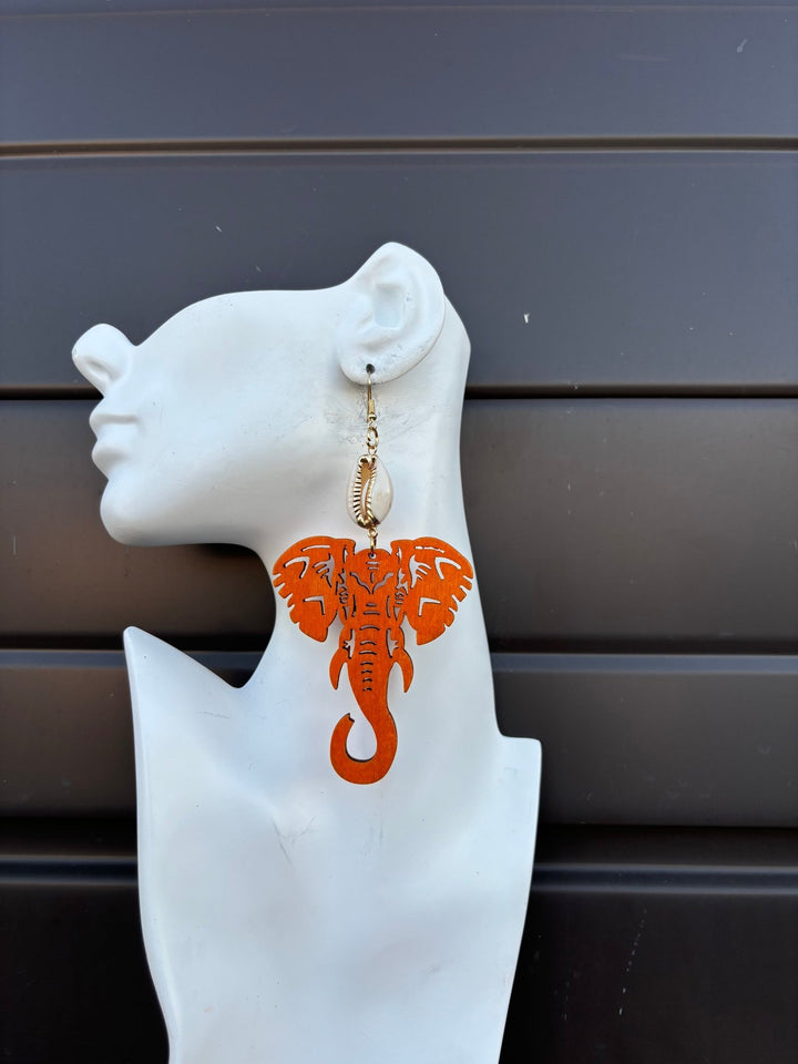 Wooden Elephant Cowrie Accent Earrings - Trufacebygrace