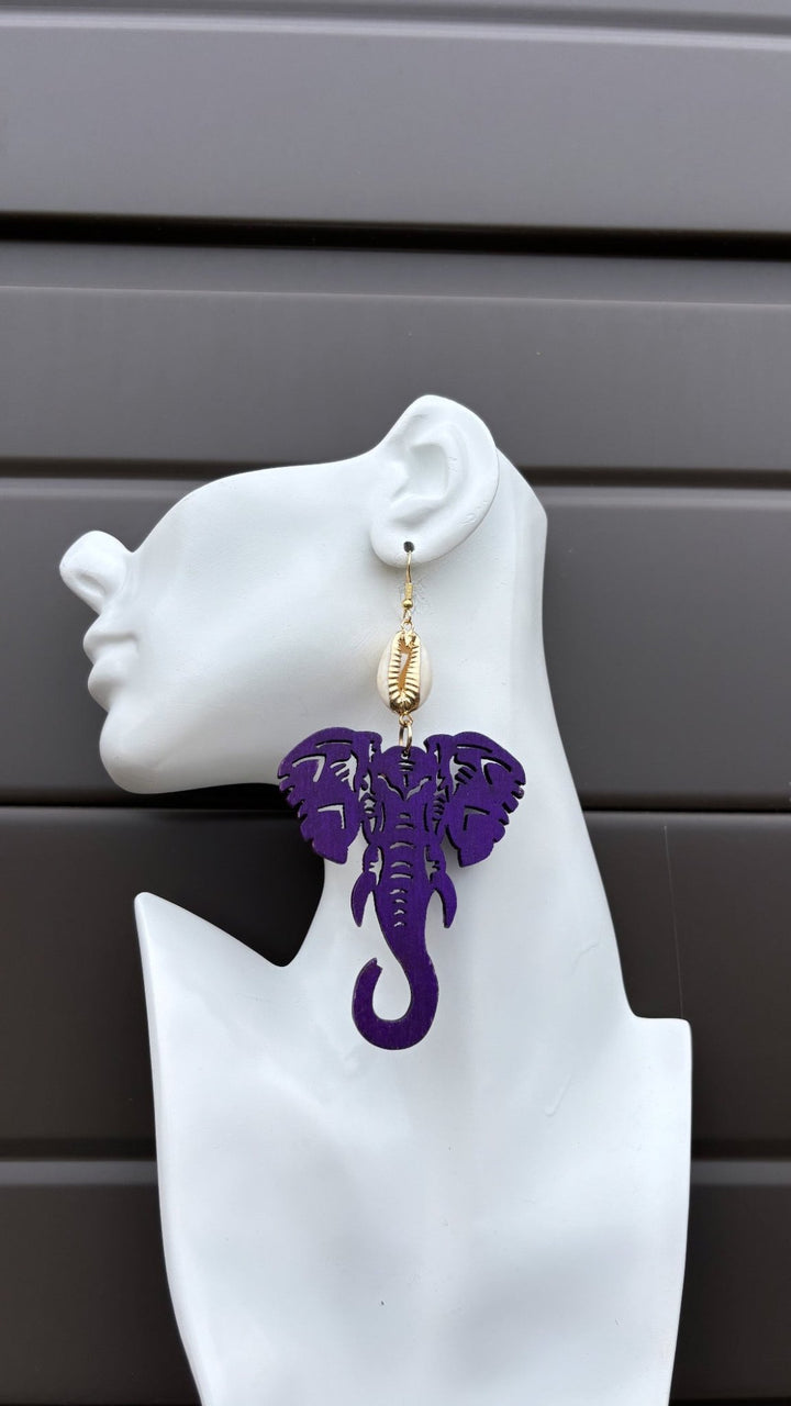 Wooden Elephant Cowrie Accent Earrings - Trufacebygrace