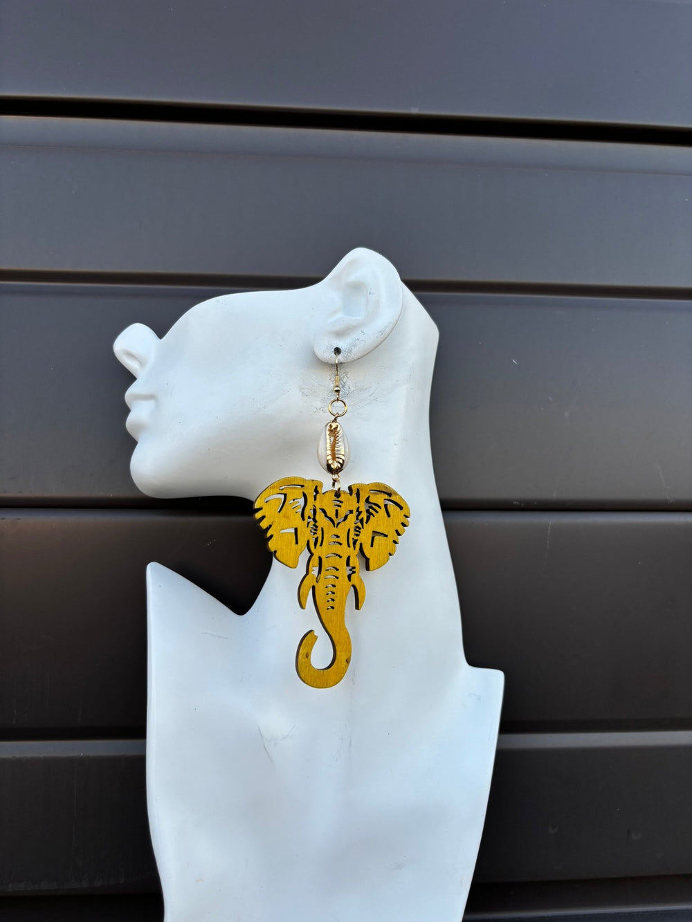 Wooden Elephant Cowrie Accent Earrings - Trufacebygrace