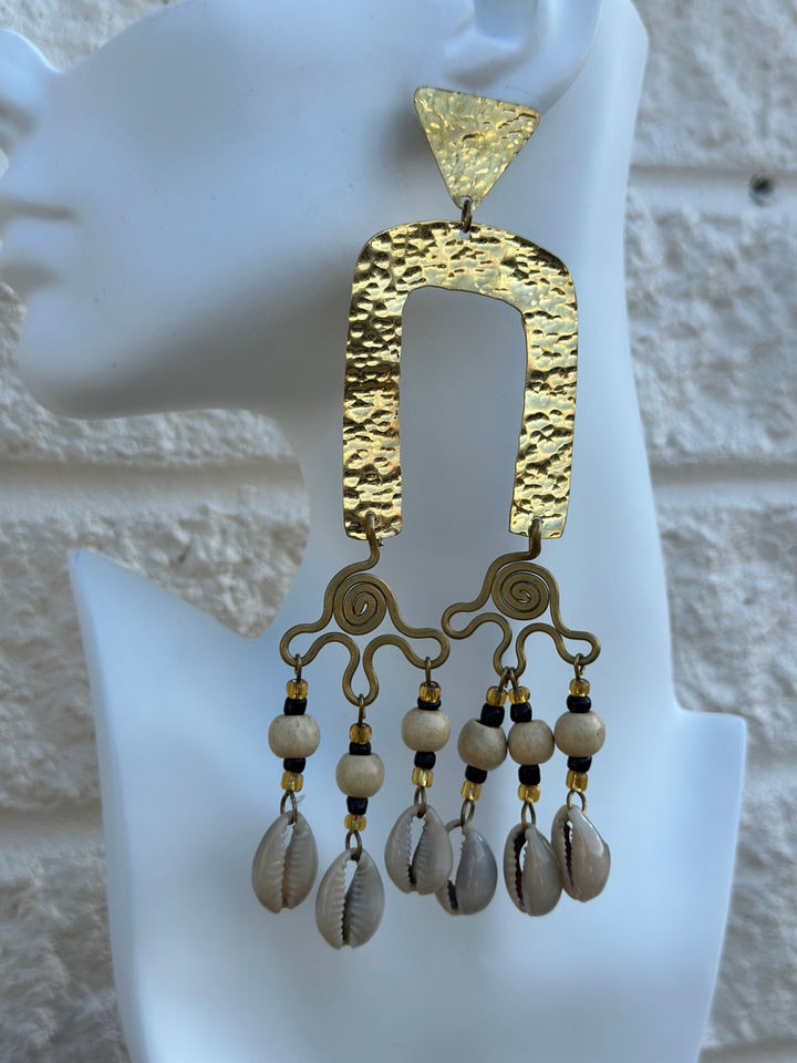 Zanele Hammered Brass and Cowry Earrings - Trufacebygrace