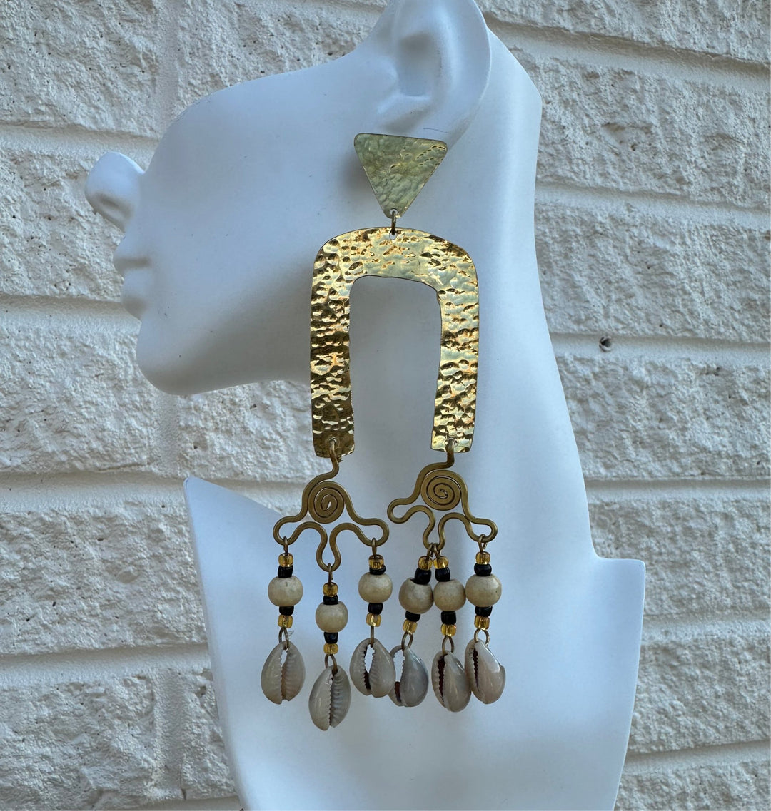 Zanele Hammered Brass and Cowry Earrings - Trufacebygrace