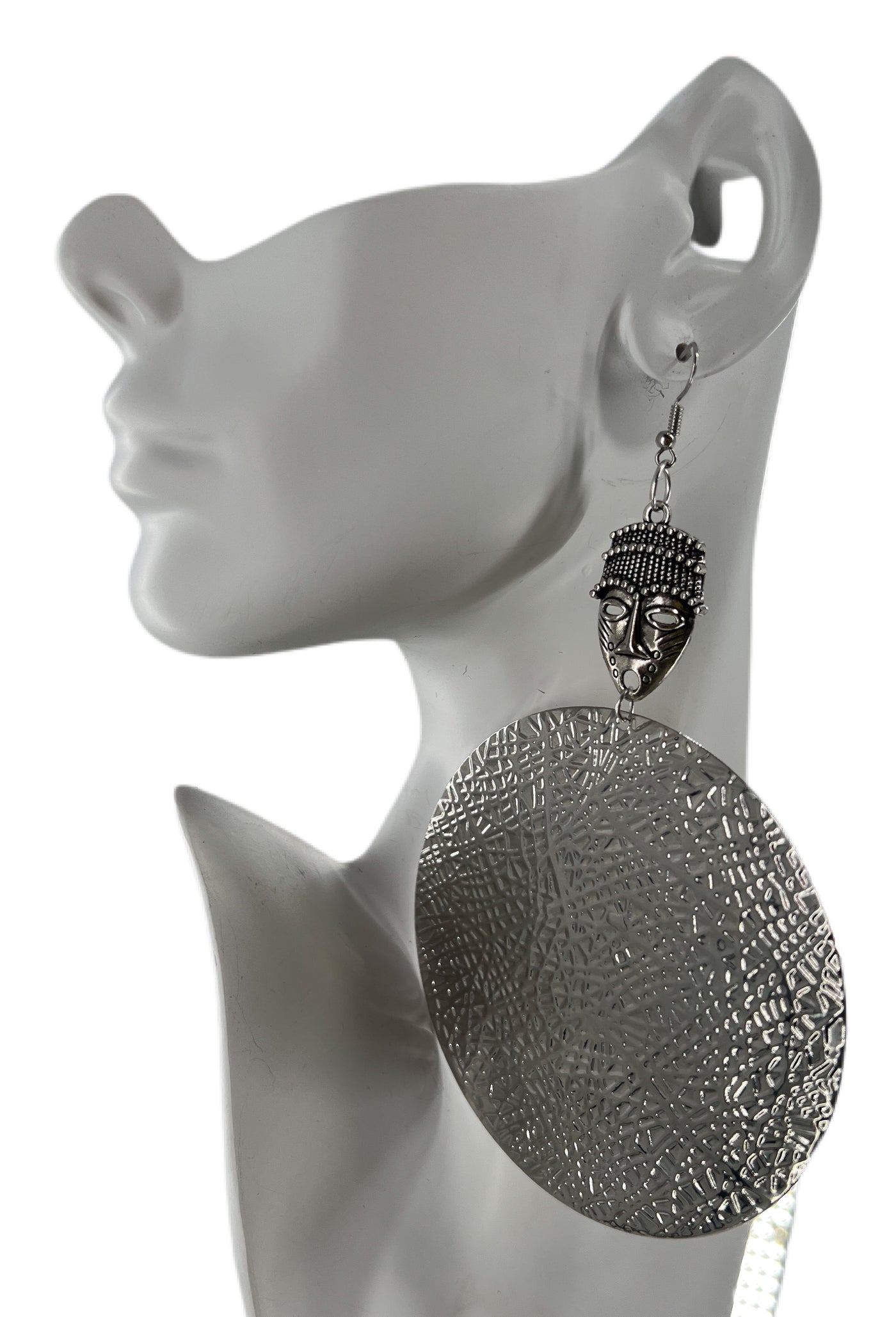 Silver Tribal Mask Statement Earrings
