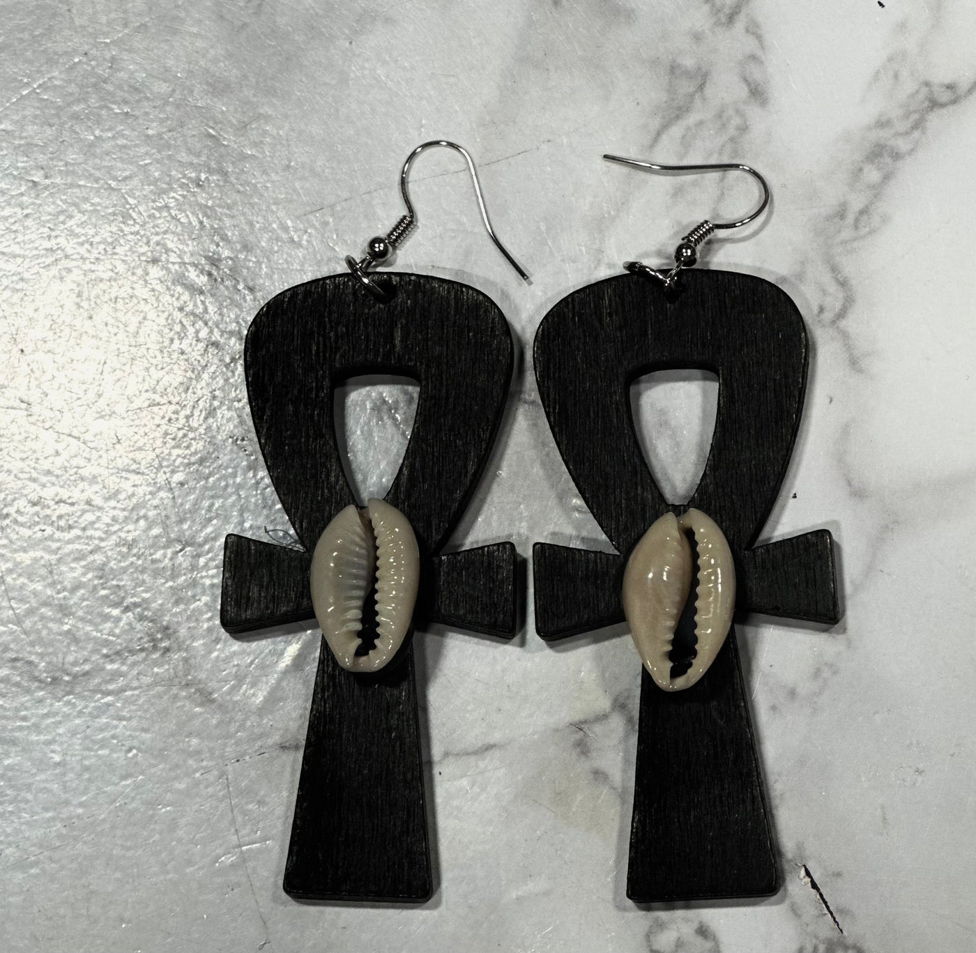 Simple Wooden Ankh and Cowry shell earrings