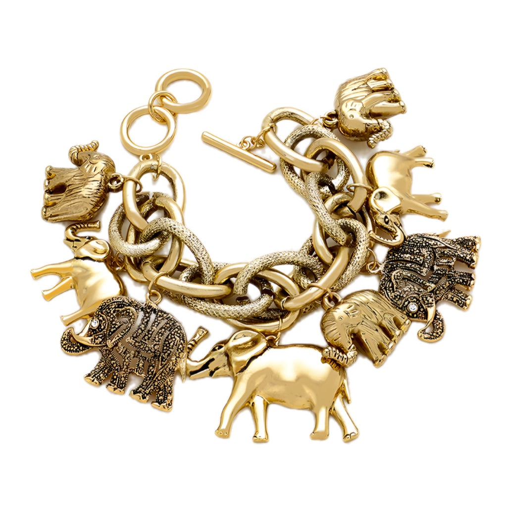 Gold African Elephant Charm Bracelet