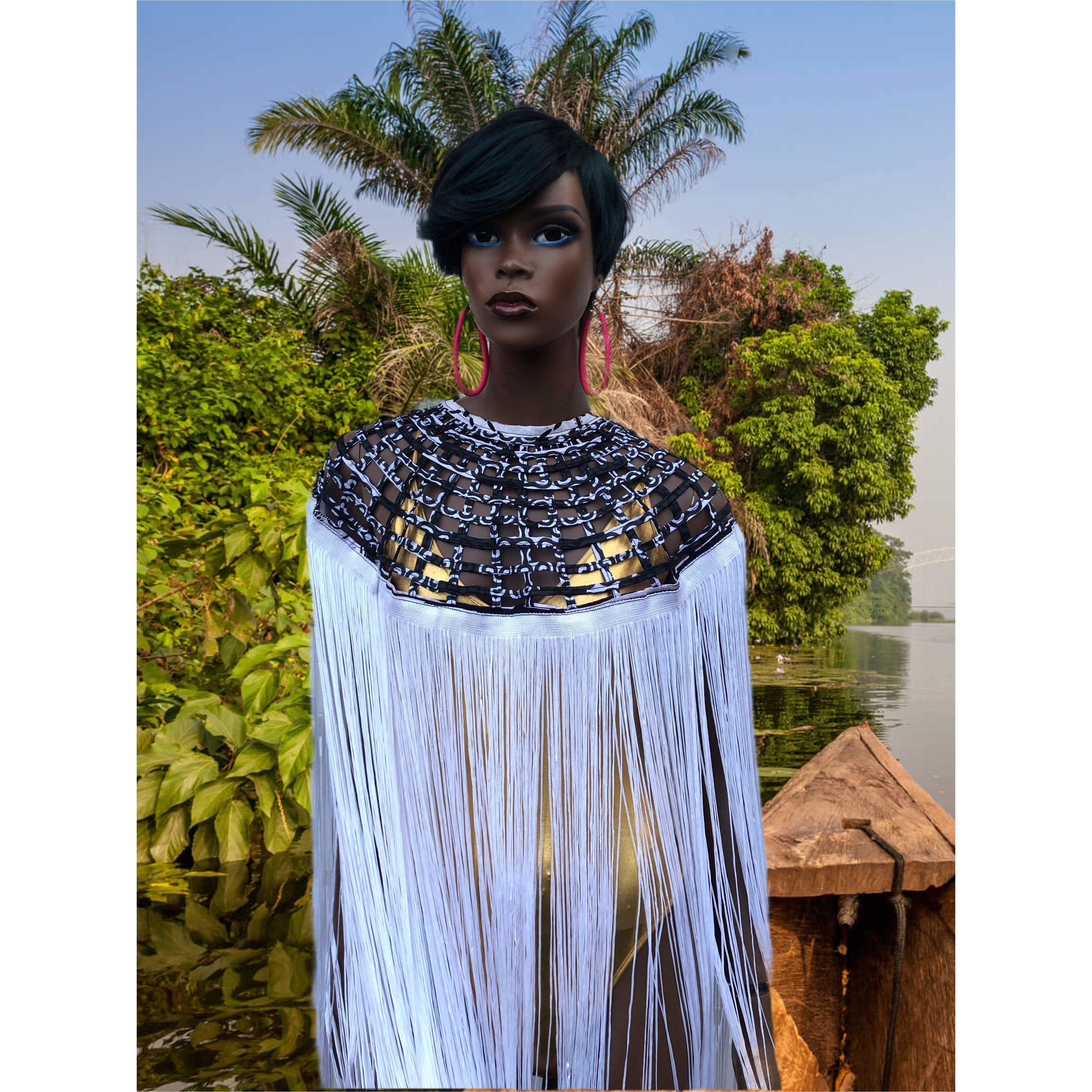 Queen Ankara Laced Long Fringe Cape - Trufacebygrace