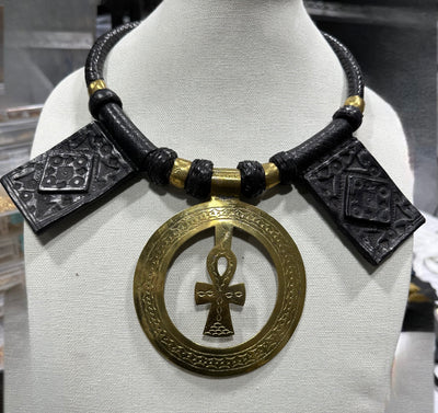 Issak  Genuine Leather and oversized Ankh Pendant Necklace