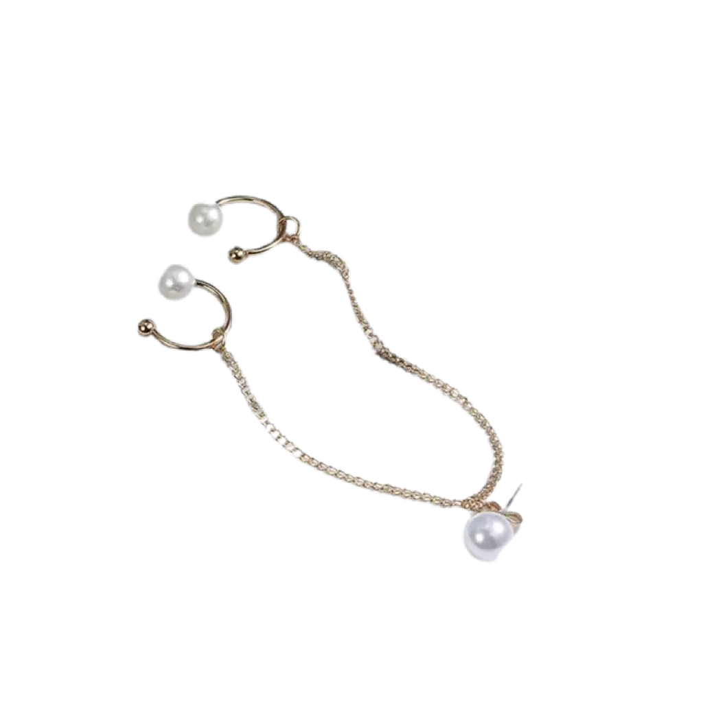 Pearl Double Chain Earring Clip Long The Empress Tassel Ear Cuff Clip