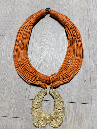 Busia Genuine leather and Bronze Pendant Necklace : Adinkra Symbol