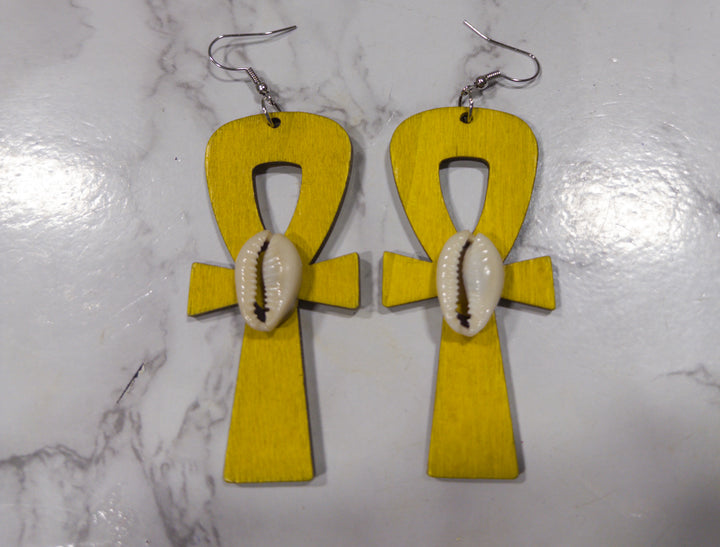 Simple Wooden Ankh and Cowry shell earrings